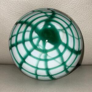 Vintage Murano Glass Spiderweb Spiral Orb Paperweight Green White Label AVEM MCM